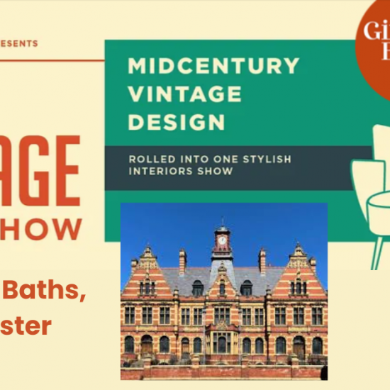 Vintage Home Show Logo for VHS at Victoria Baths with image of VB exterior